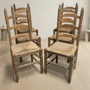 Set of 6 vintage wooden ladder-back dining chairs with woven seats, 20th century, 105 × 38 cm