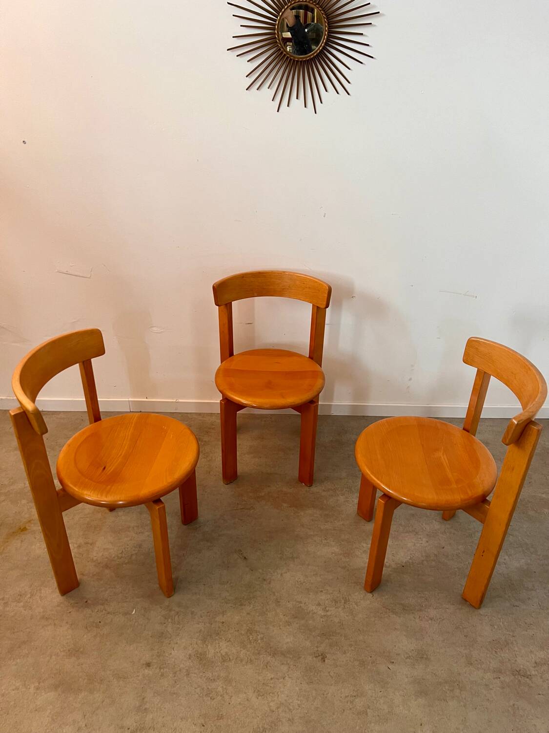 Set of 3 solid beech wood chairs, vintage 70s design