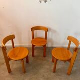 Set of 3 solid beech wood chairs, vintage 70s design