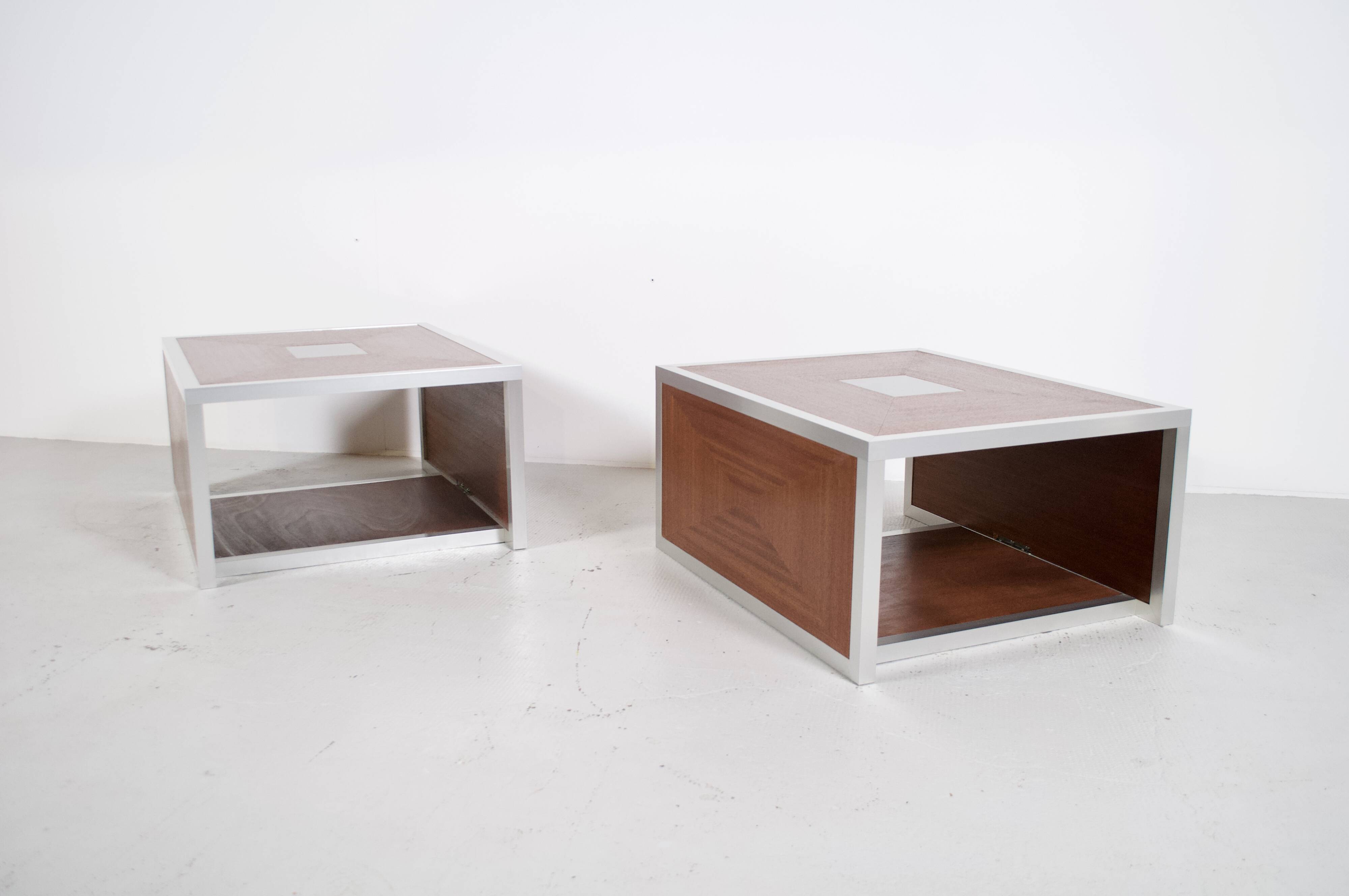 Pair of 70's aluminum and mahogany coffee/sofa end tables