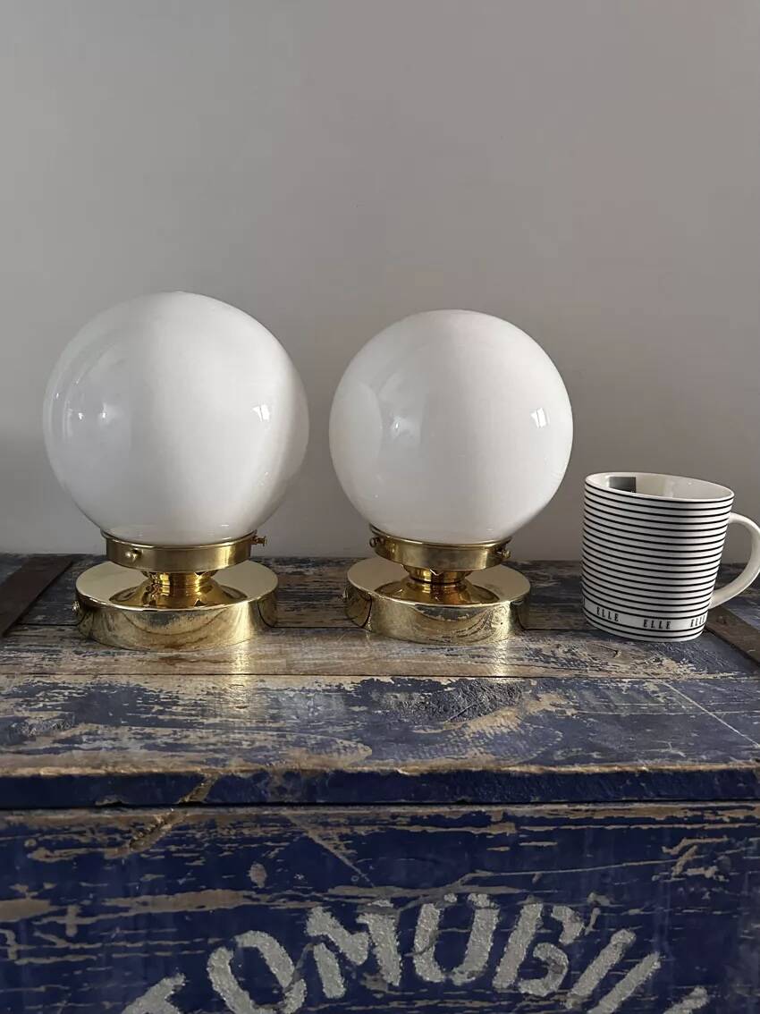 Set of two white opaline ball wall lights