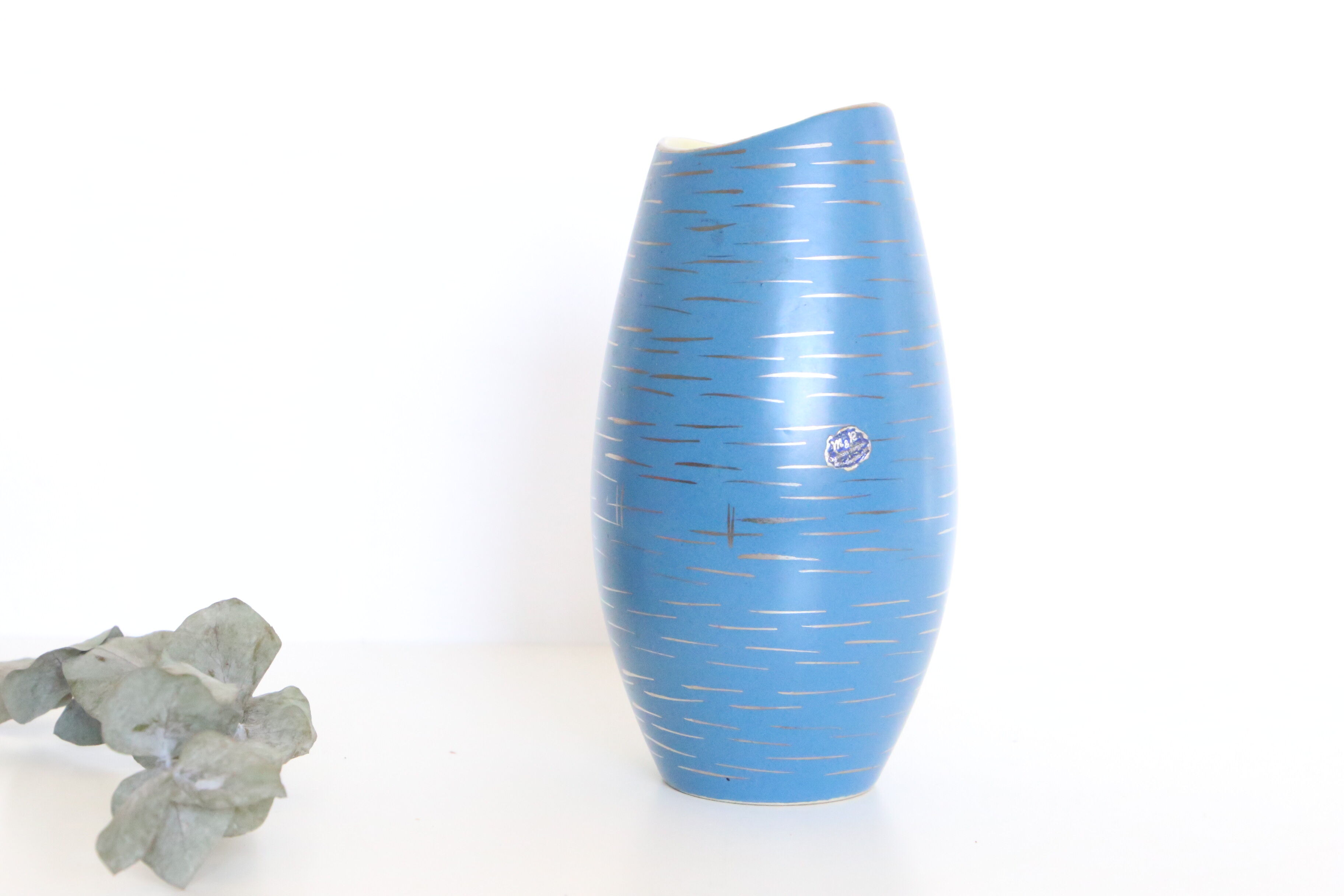 German ceramic vase, blue and gold, 1960, handicrafts, vintage