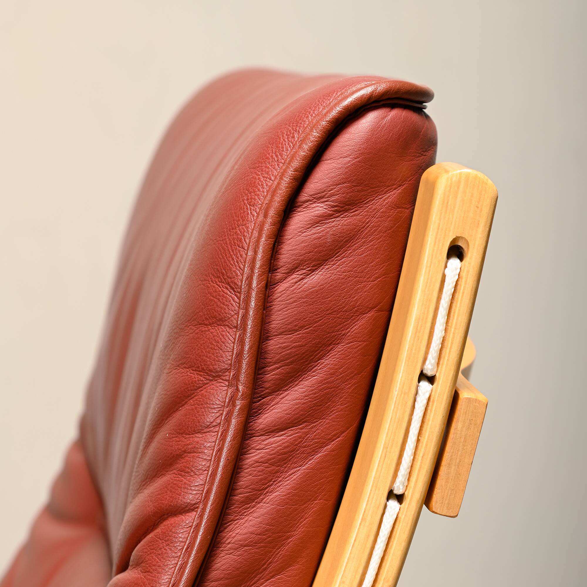 Pair Ingmar Relling Siesta Lounge Chairs in Beech and Burgundy Leather
