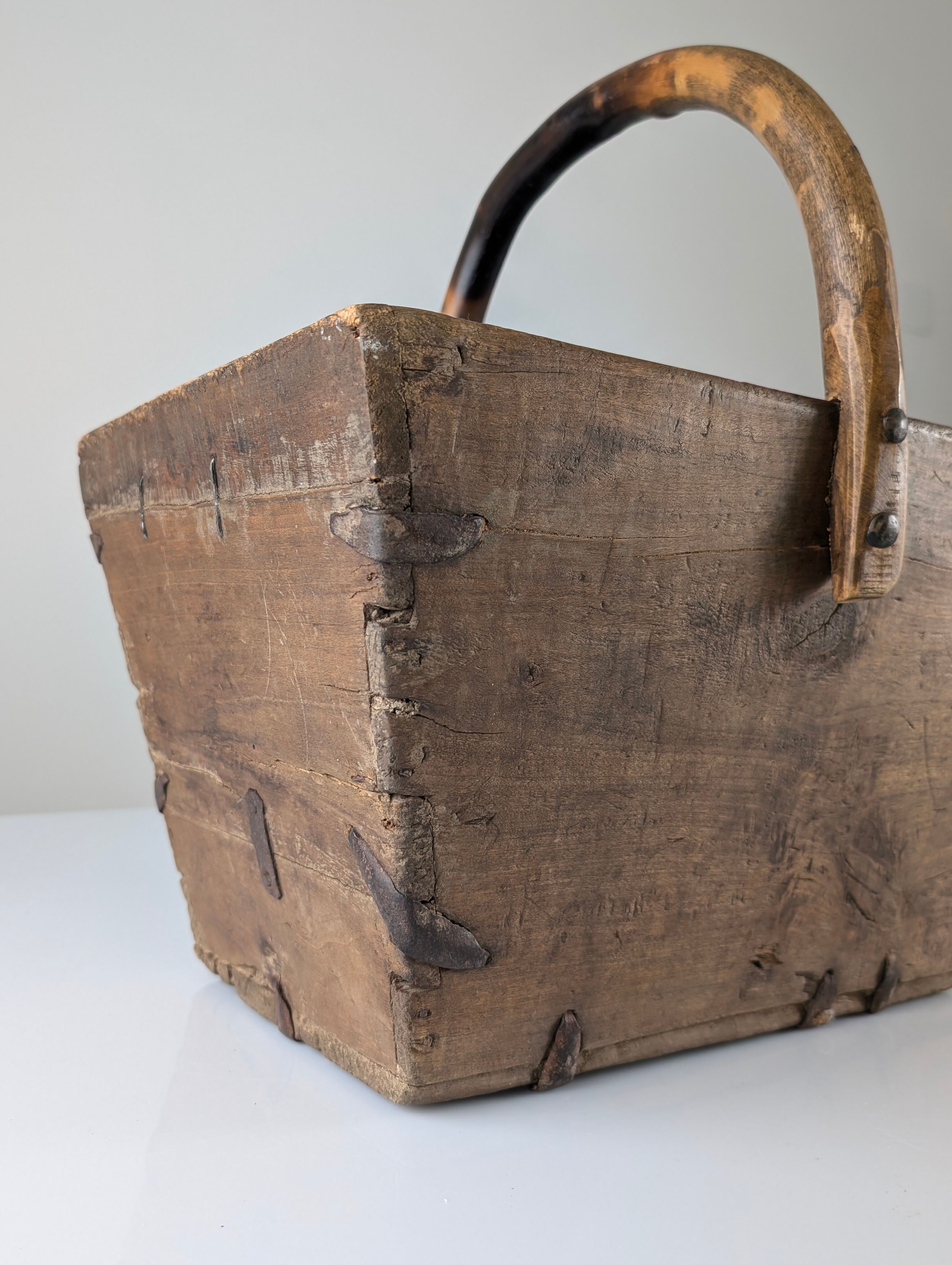 Antique wooden log basket with wrought iron fittings, Wabi-Sabi, 19th century