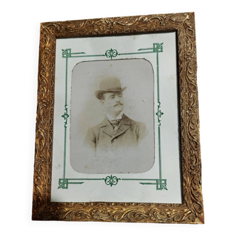 Old framed photo portrait of a man wearing a bowler hat early 20th century