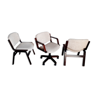 1 fauteuil et 2 chaises de bureau scandinave vintage en bois et tissu années 70