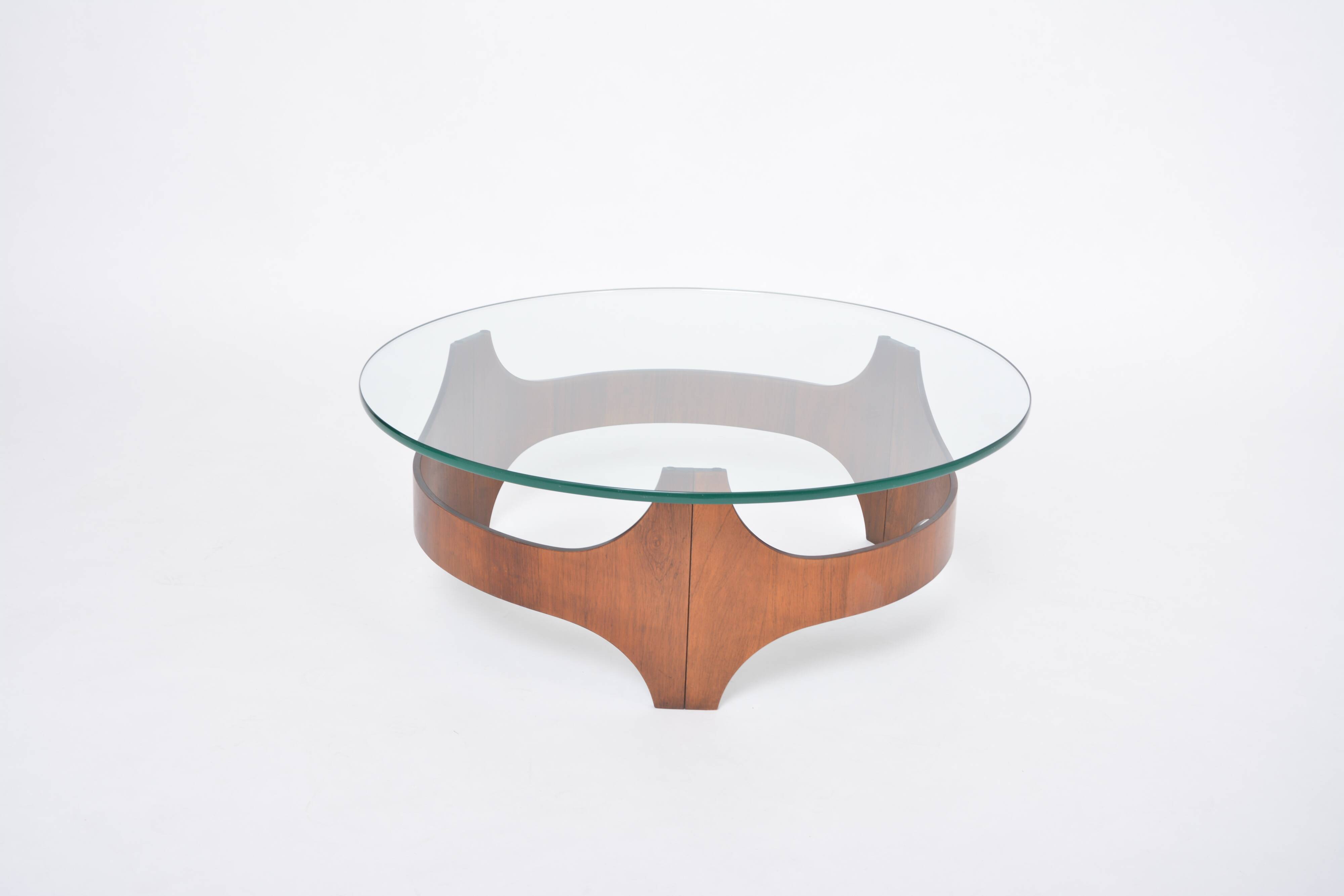 Mid-Century Circular Coffee Table with Wooden Base and Glass Top