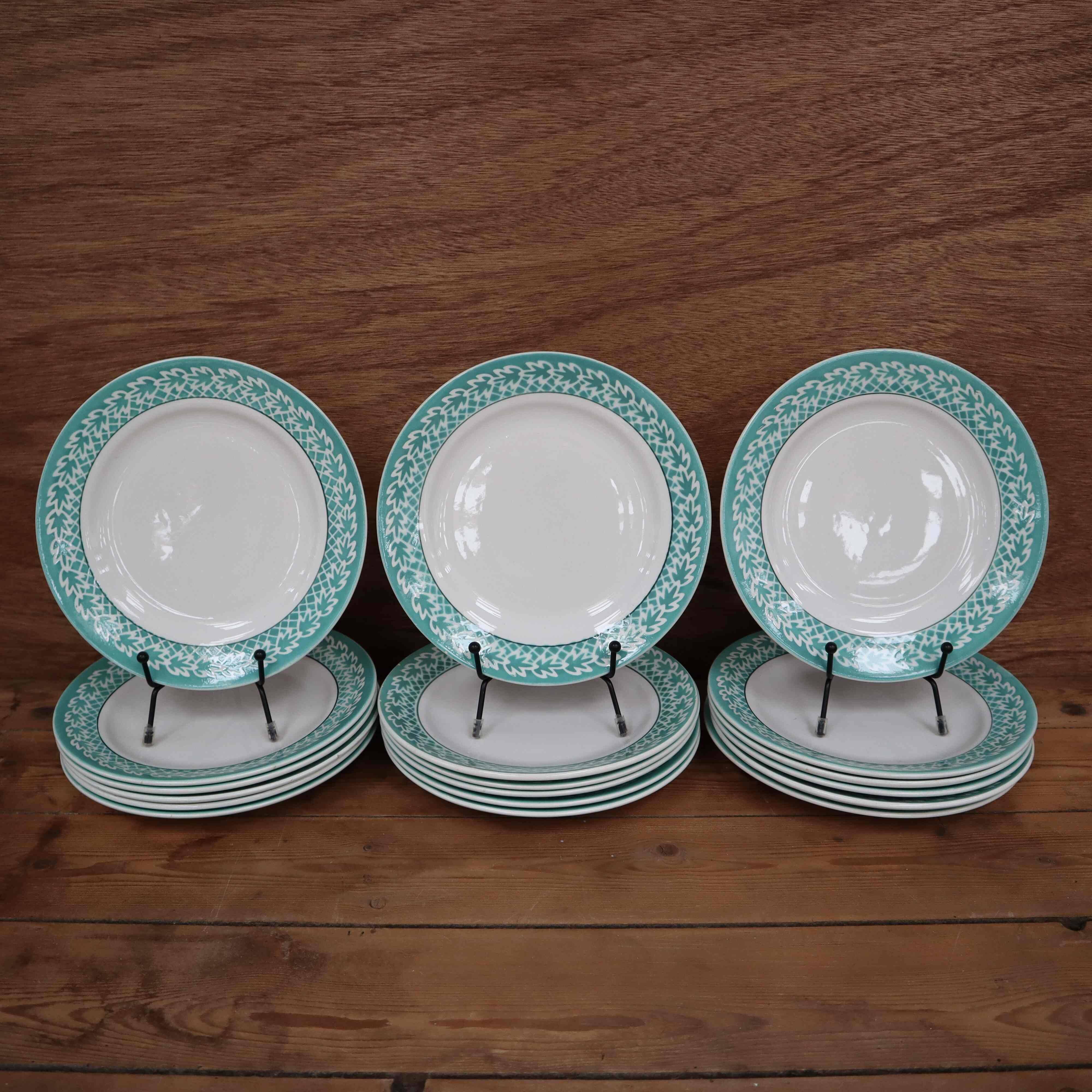 Set of 6 KIFO L'Amandinoise dessert plates with green leaf decor