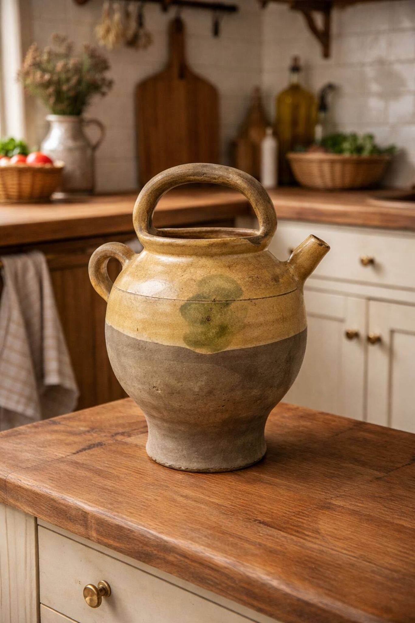 Large ancient glazed terracotta jug – South of France, early 10th century