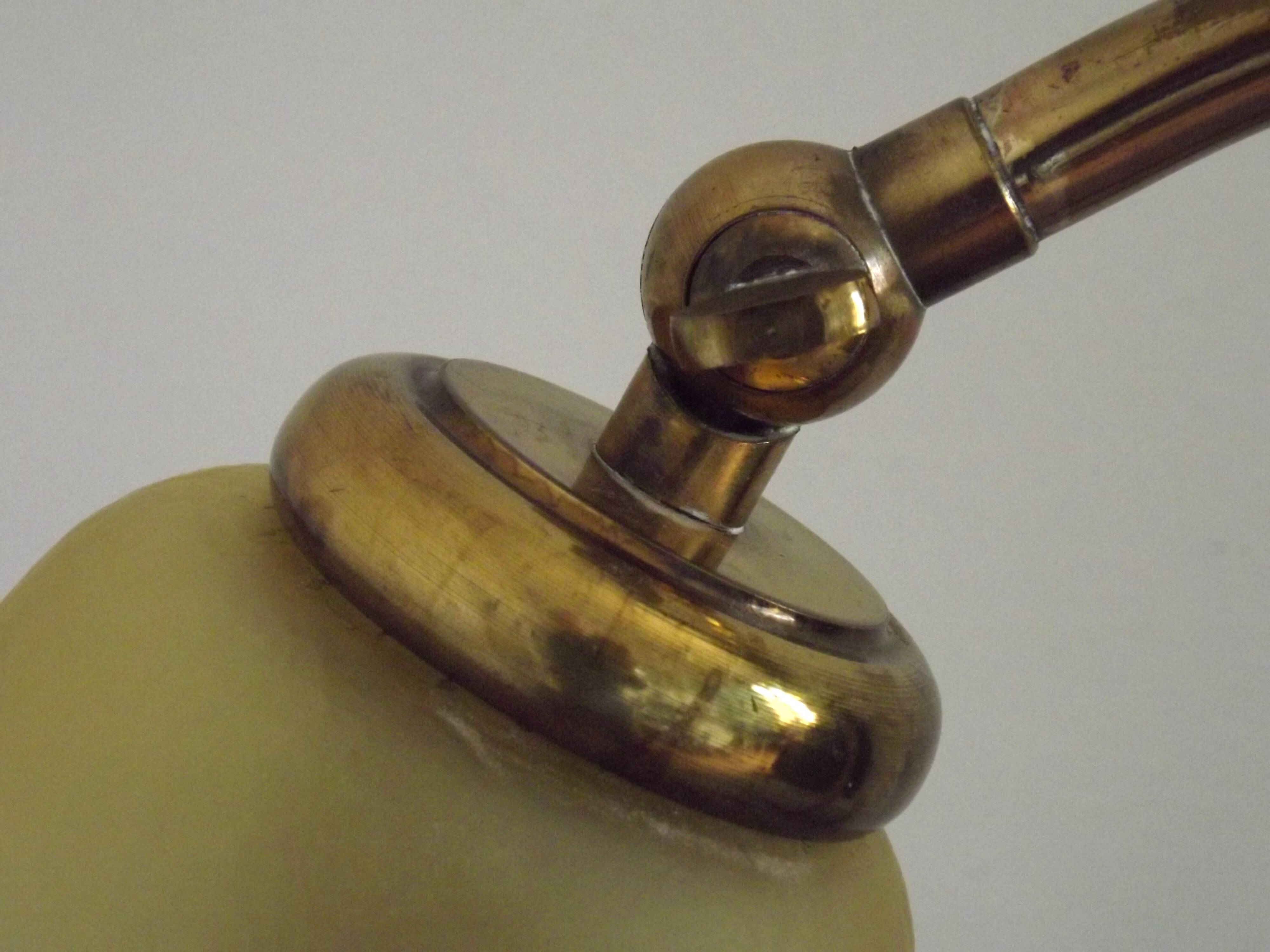 French Vintage Brass Goose Neck Table Lamp Patterned Glass Shade 5353