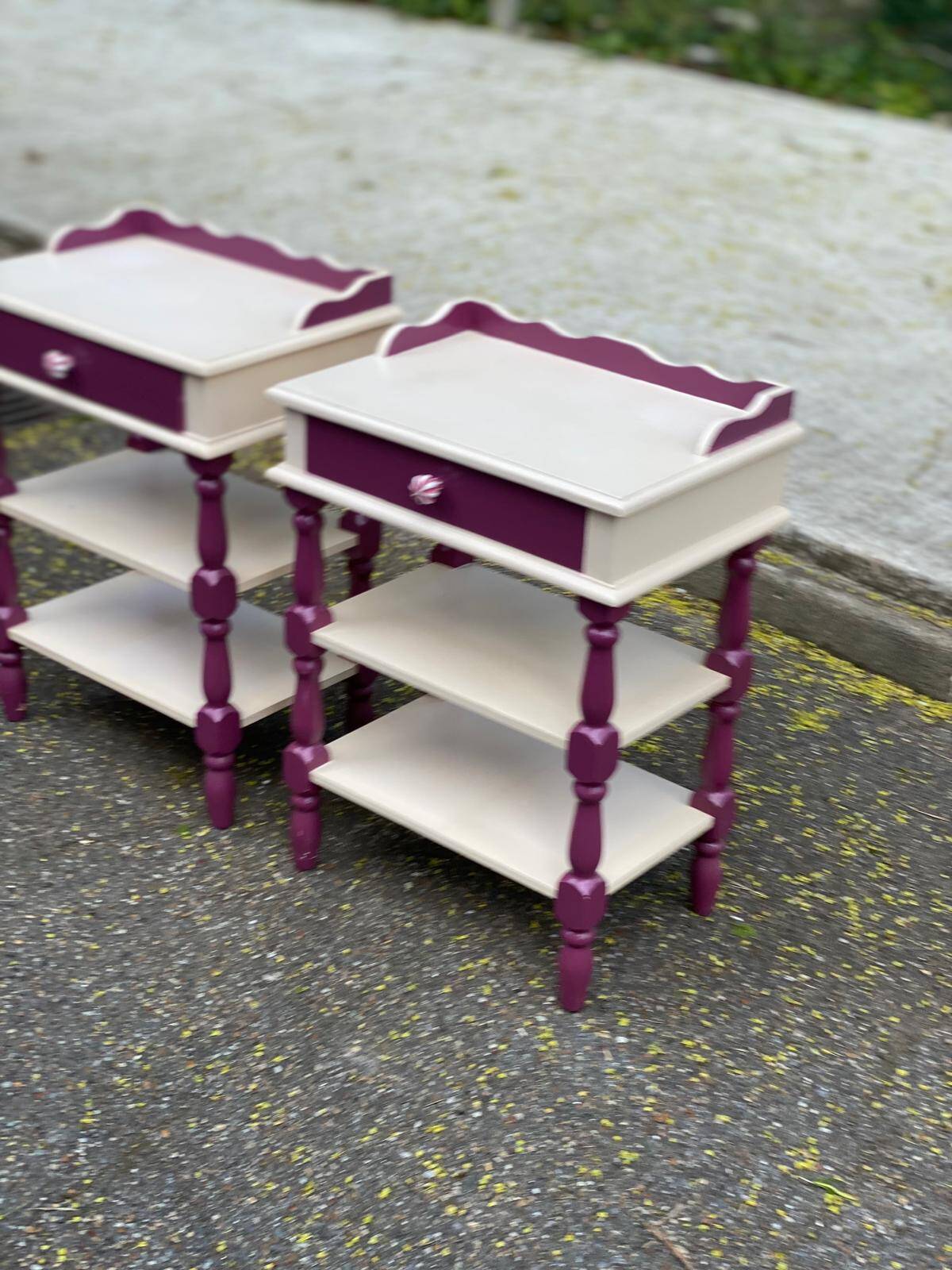 2 vintage bedside tables painted in white and purple with a drawer.