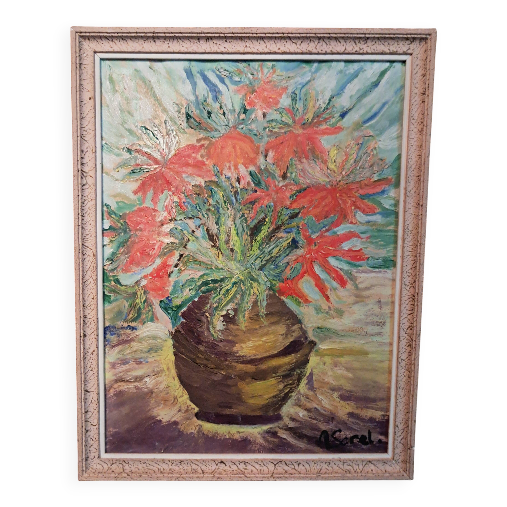 Tableau ancien à l'huile représentant un bouquet de fleurs