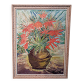 An old oil painting depicting a bouquet of flowers.