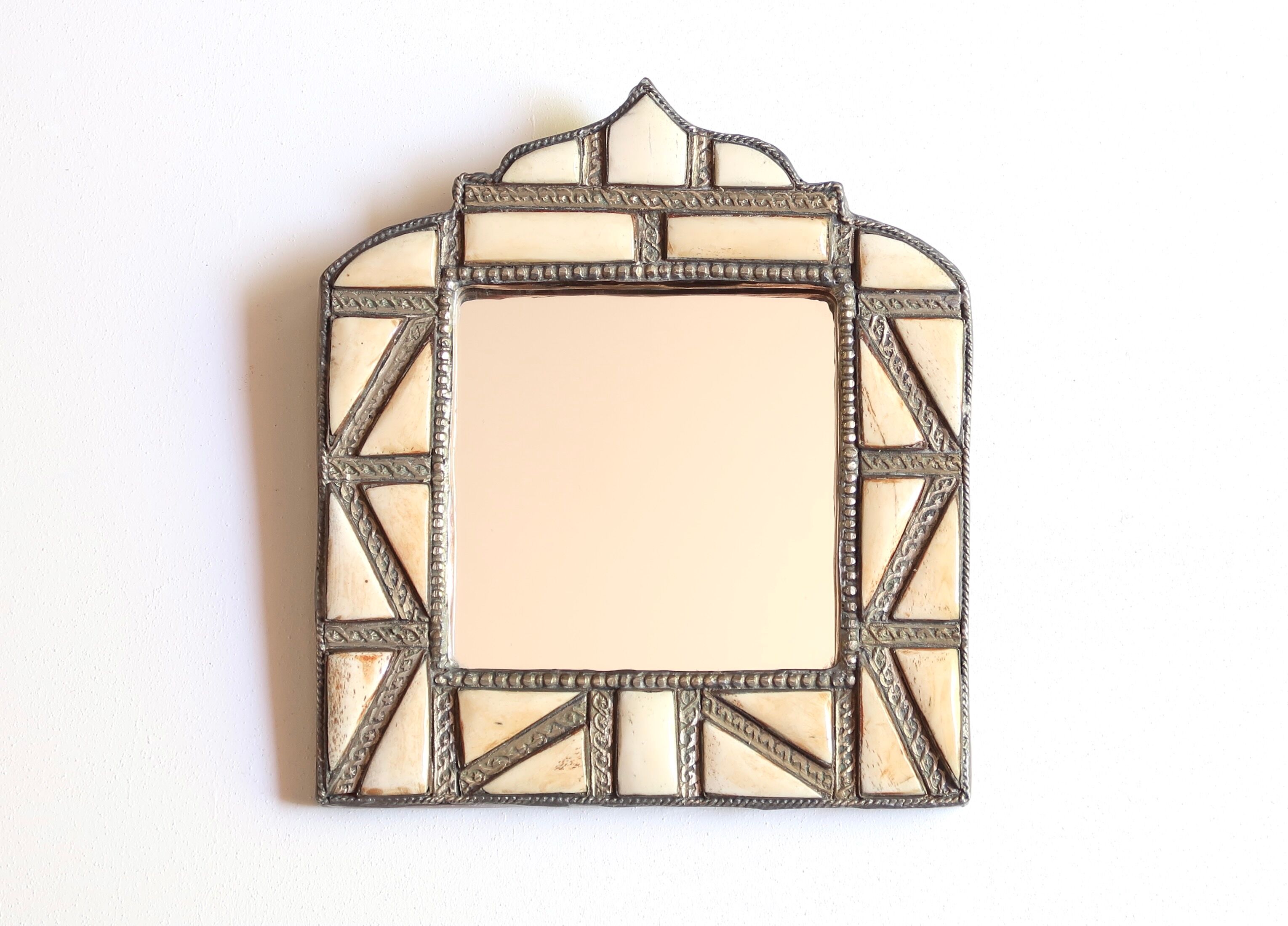 Moroccan brass mirror with bone inlays, 70s