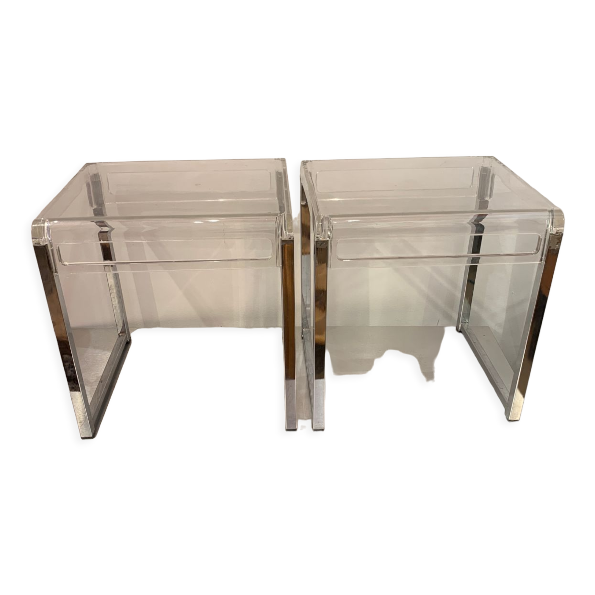 Pair of vintage chrome and acrylic glass bedside tables