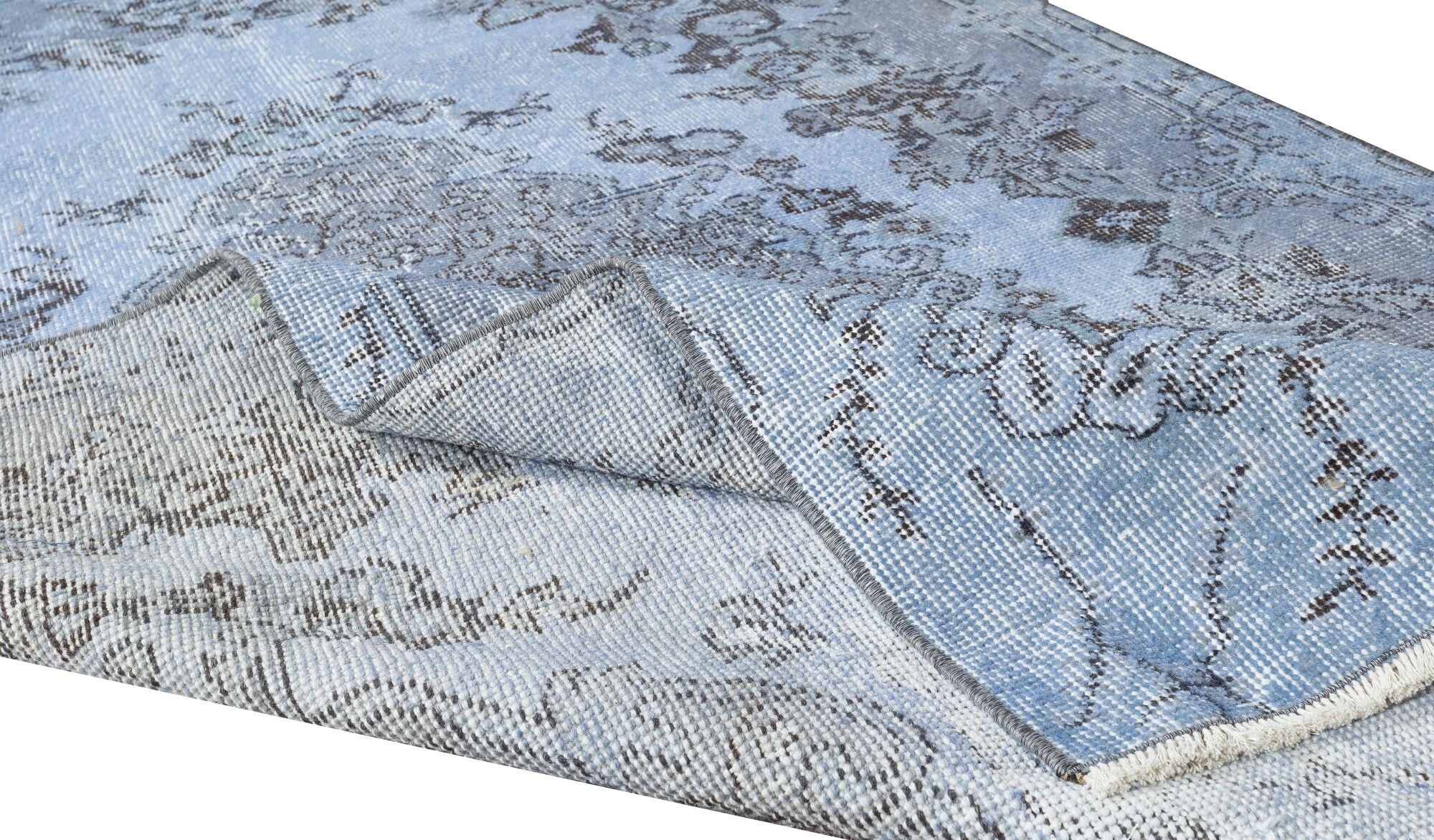 Mid-20th century hand-knotted turkish rug over-dyed in light blue. tek0394