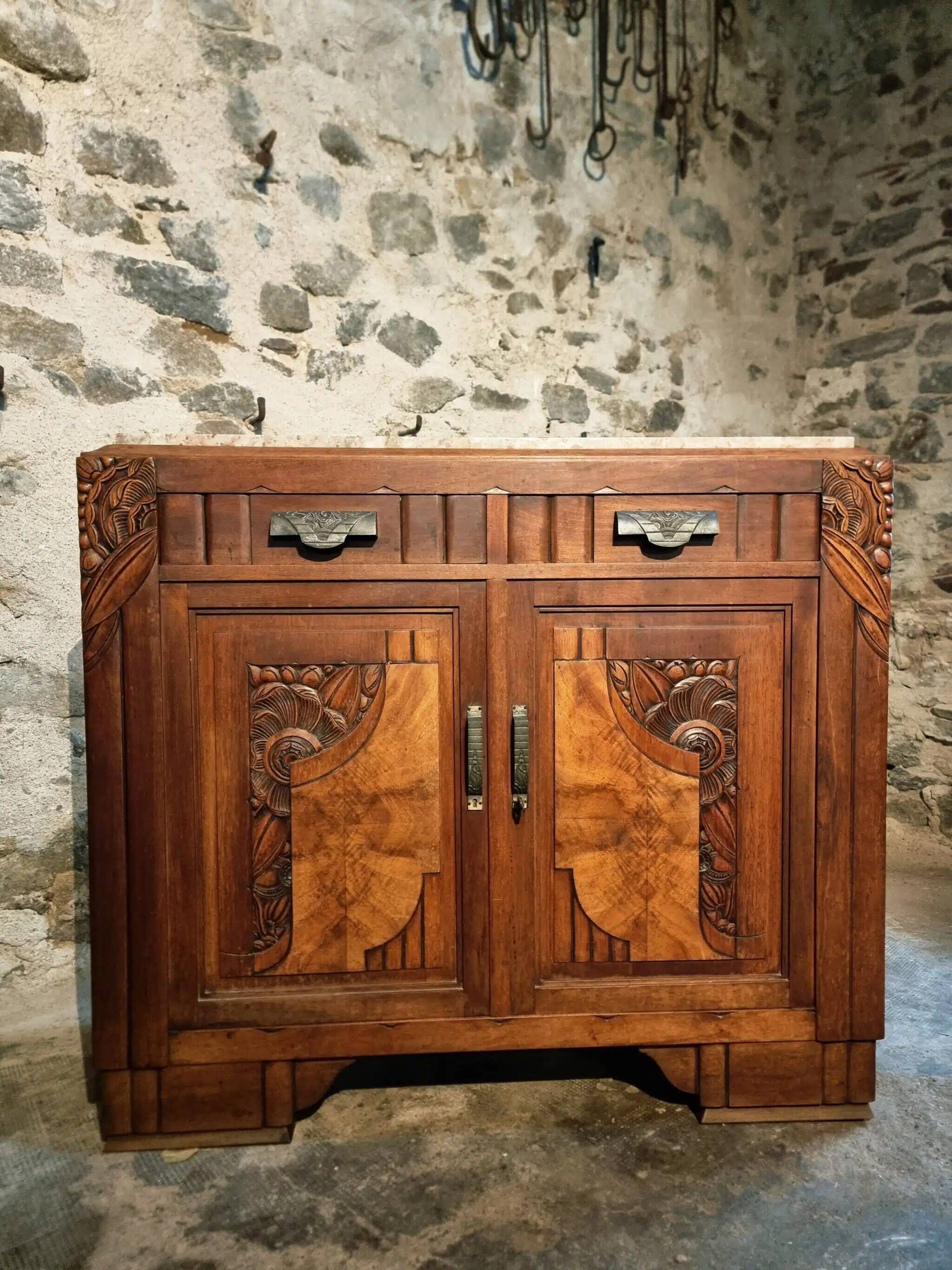 French Art Deco walnut sideboard with marble top (1920s)