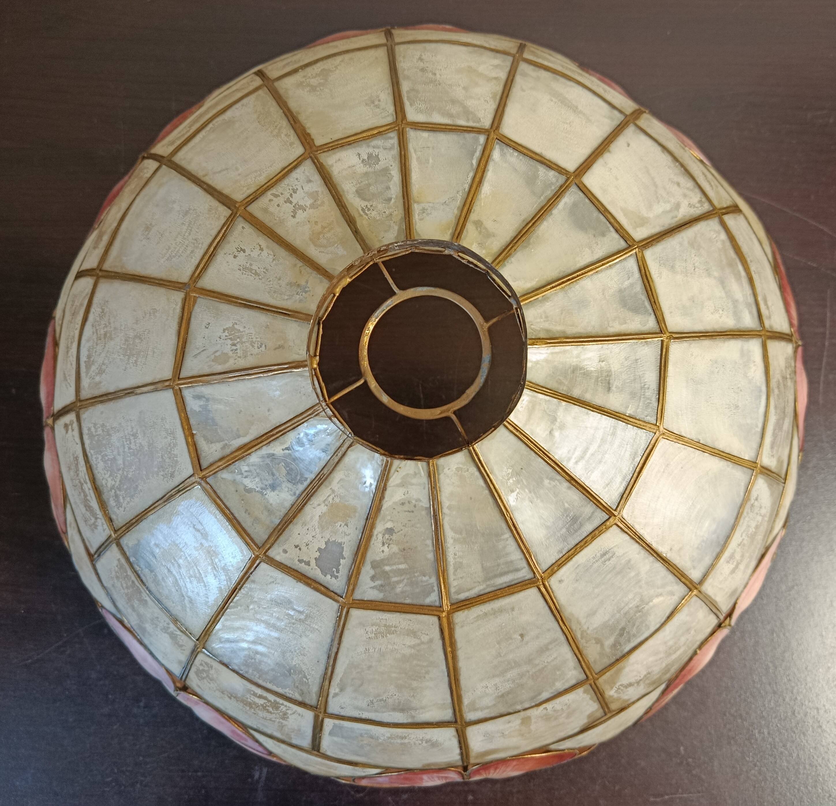 Large Art Deco style chandelier in Capiz shells and brass, 1960s.