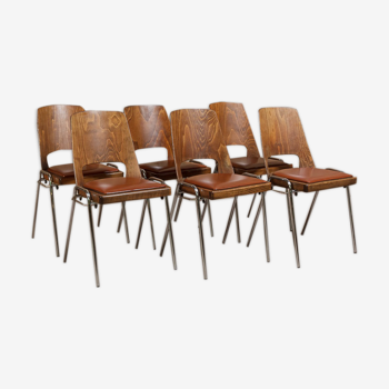 Lot de 6 chaises Jomain Baumann, assise en simili cuir cognac, circa 1960