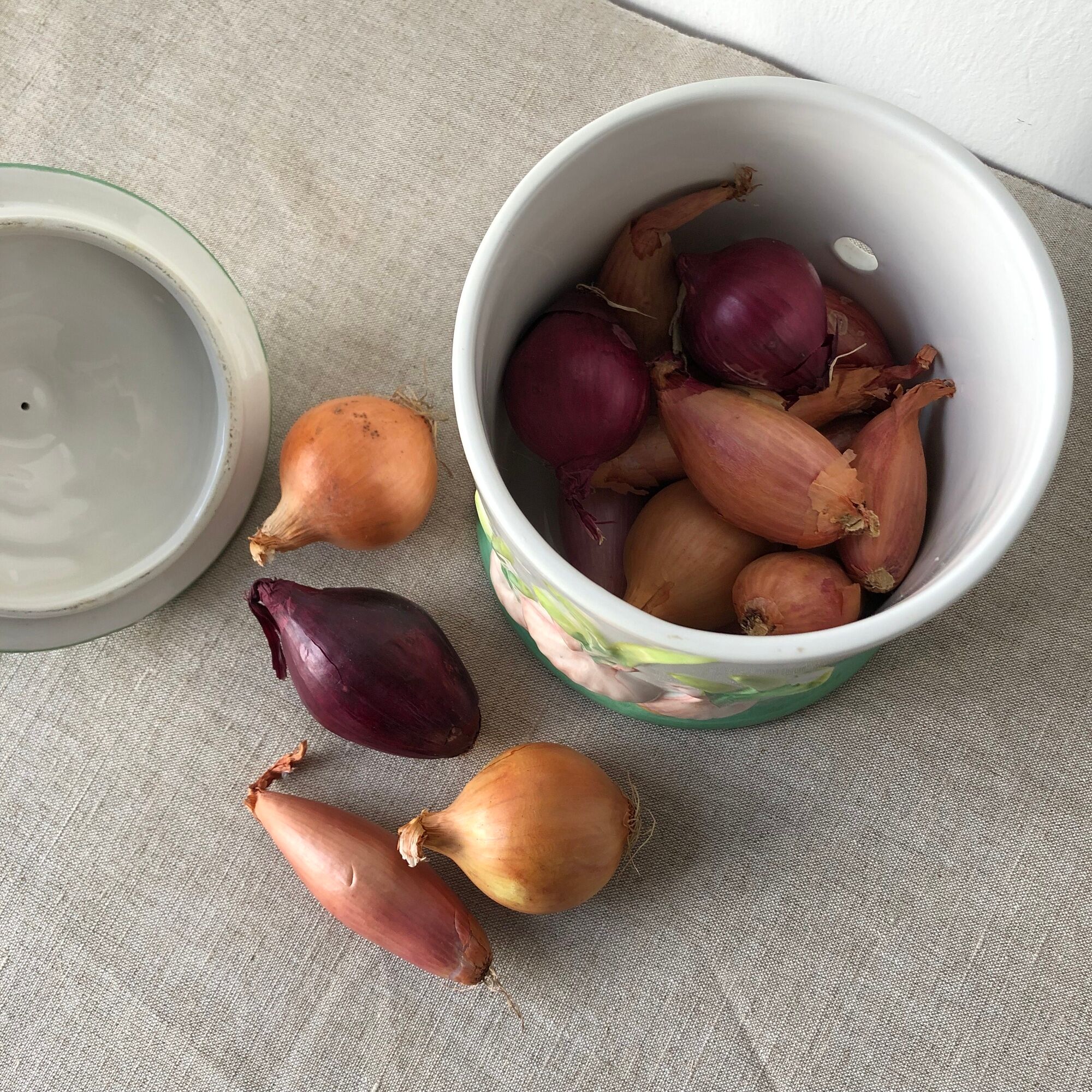 Pot with lid in slip decorated with new onions / garlic. Manufacturer: HANDARBEIT Italy