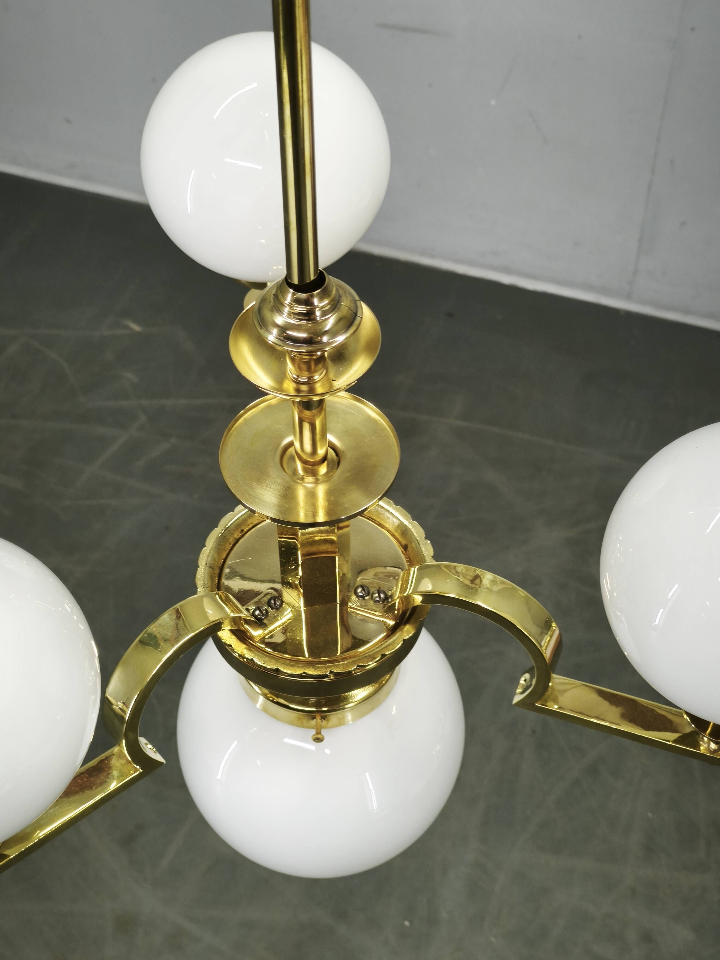 1930s Art Deco Brass and Opaline Glass Globe Chandelier, Czechoslovakia