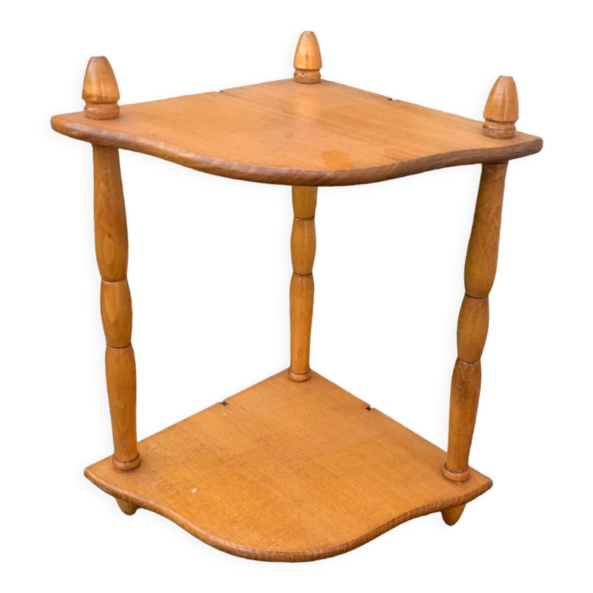 Wall shelf, 2 floors turned wood vintage light varnished