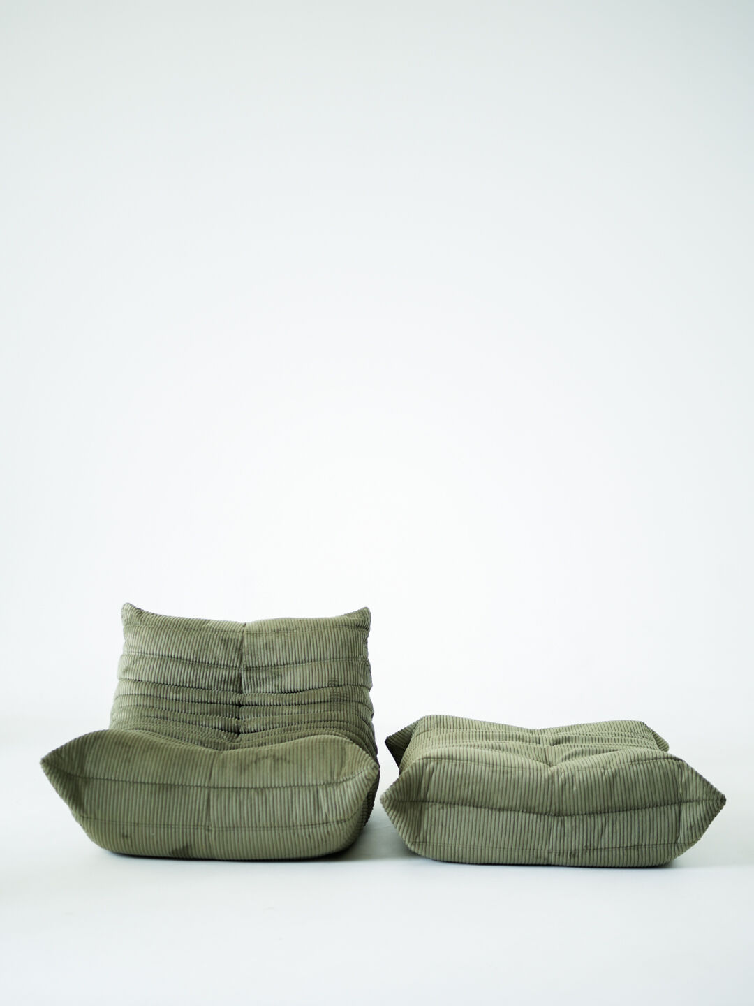 Togo Armchair and Pouf in Khaki wide Corduroy