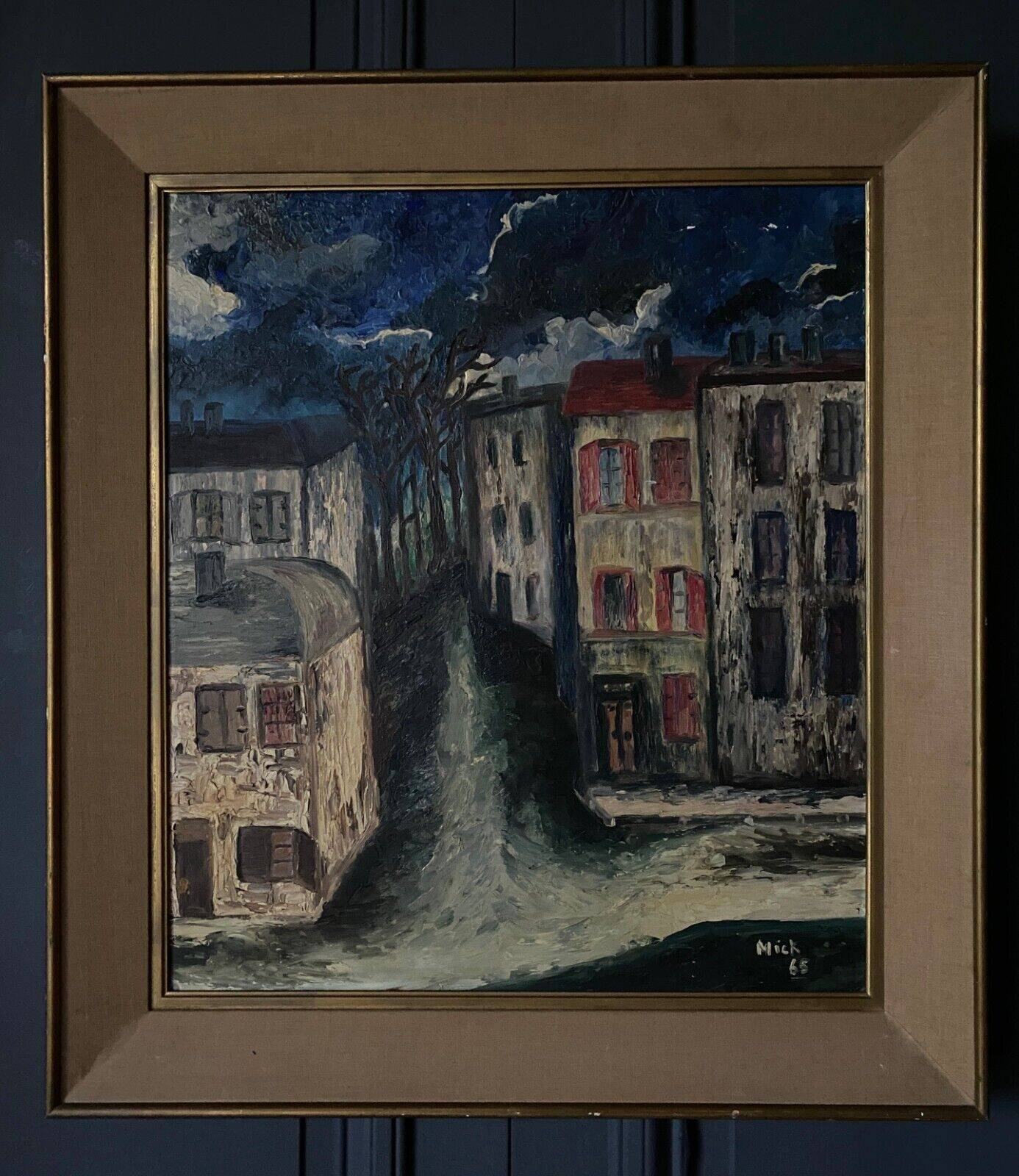 Oil on panel by Mick depicting a street at night 1965