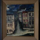 Huile sur panneau par Mick représentant une rue la nuit 1965