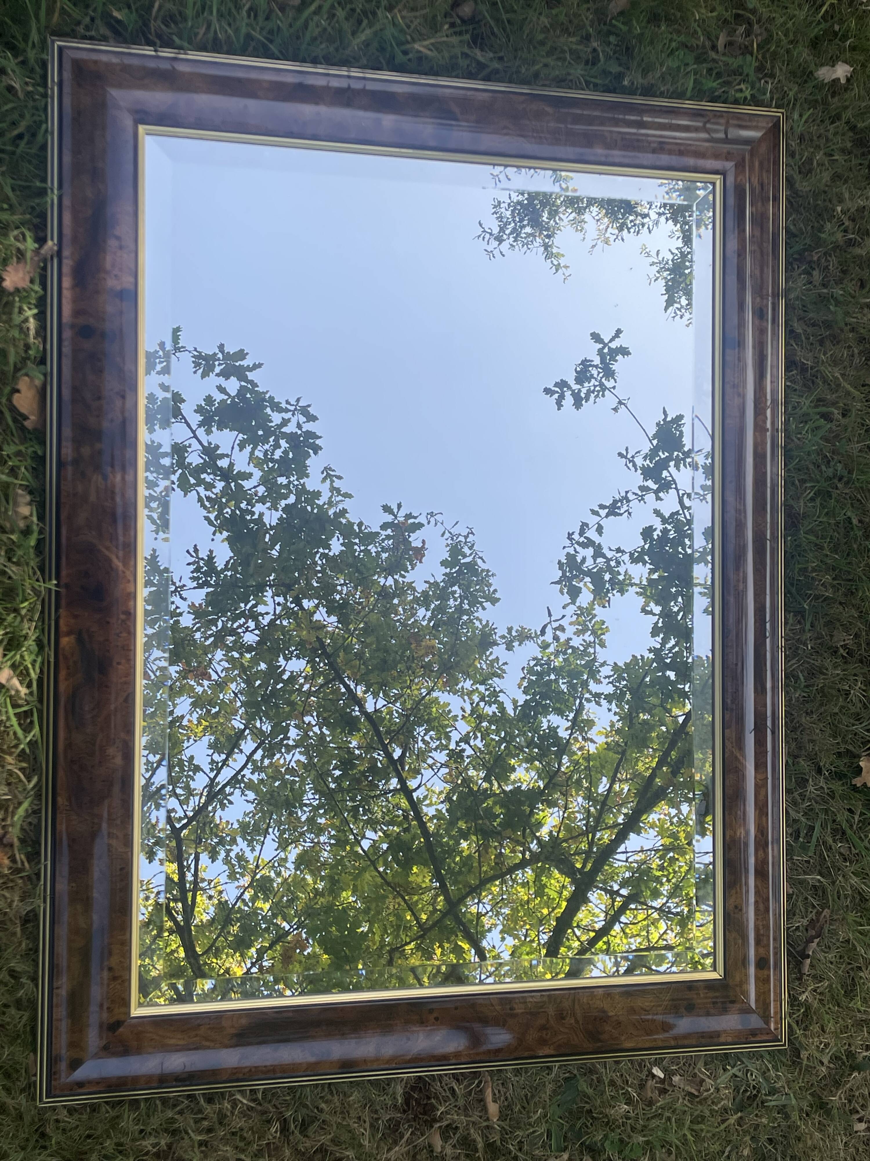 Large mirror with natural wood molding, gold fillet, beveled mirror, (La Gatvinière)