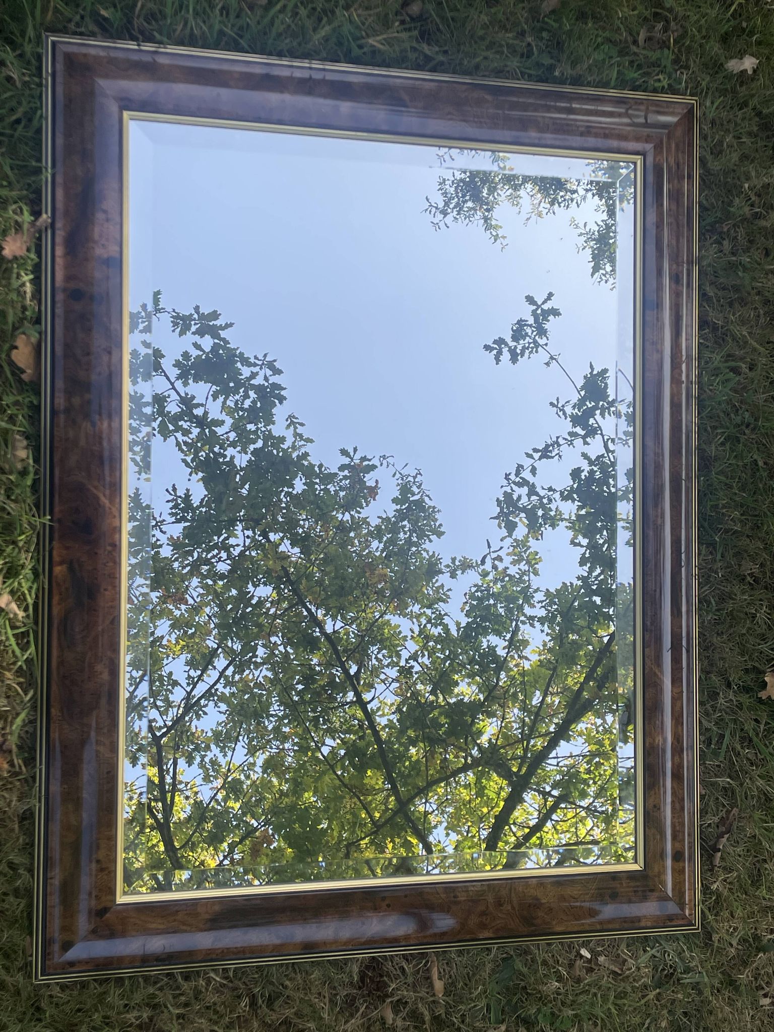 Large natural wood moulding mirror, gold fillet highlight, bevelled mirror, (La Gatvinière)