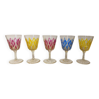5 Jolis verres ciselés des verreries mécaniques champenoises de Reims, années 60, motif arlequin