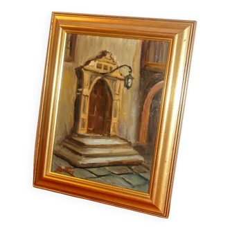 vintage architectural painting * signed framed oil painting * european door