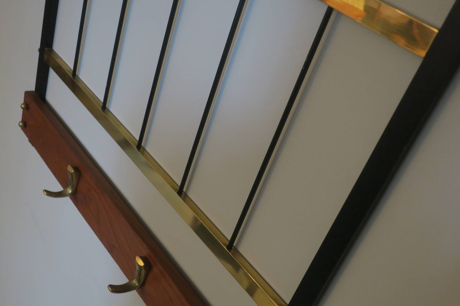Mid-century brass and teak wall coat rack, 1960s