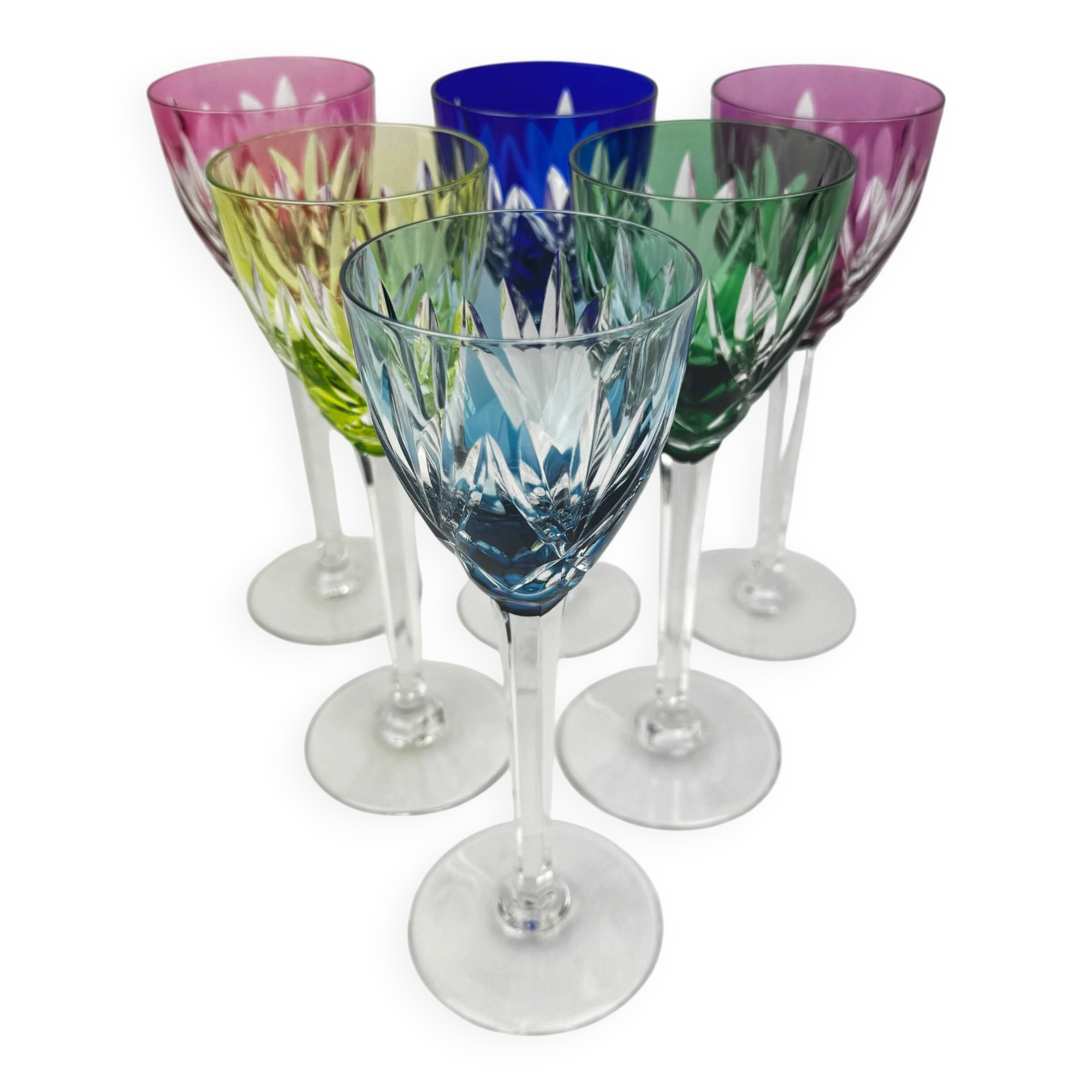 Saint-Louis, 6 verres modèle Monaco en cristal de couleur, 21,5 cm