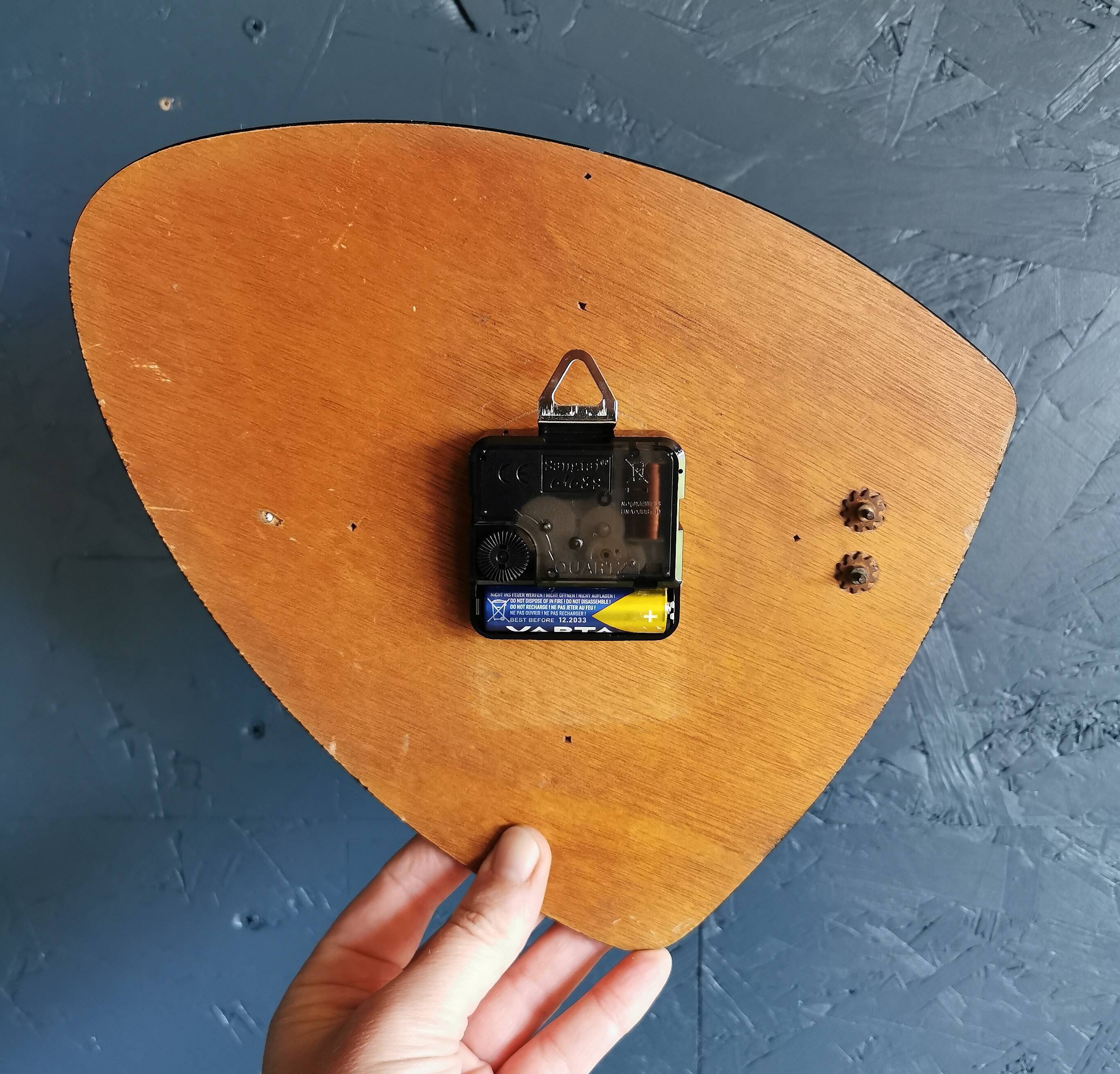 Vintage silent wall pendulum clock from the 60s asymmetrical "Striped blue white ocher"