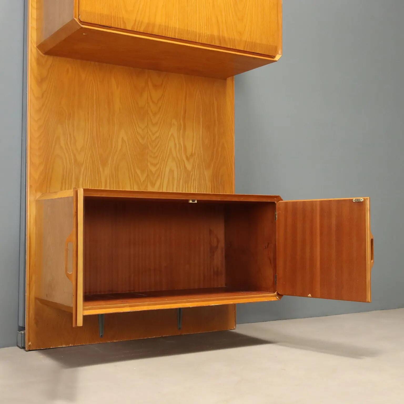 Vintage maple cabinet with drop-down front, Italian design, 1960s.