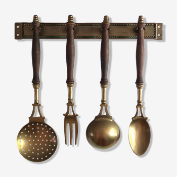 Brass and wood kitchen utensils, 60s
