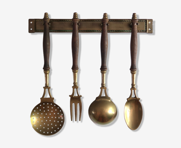 Ustensiles de cuisine en laiton et bois, années 60