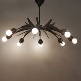 Sputnik chandelier 8 lights copper, teak & brass, Italy 1960s