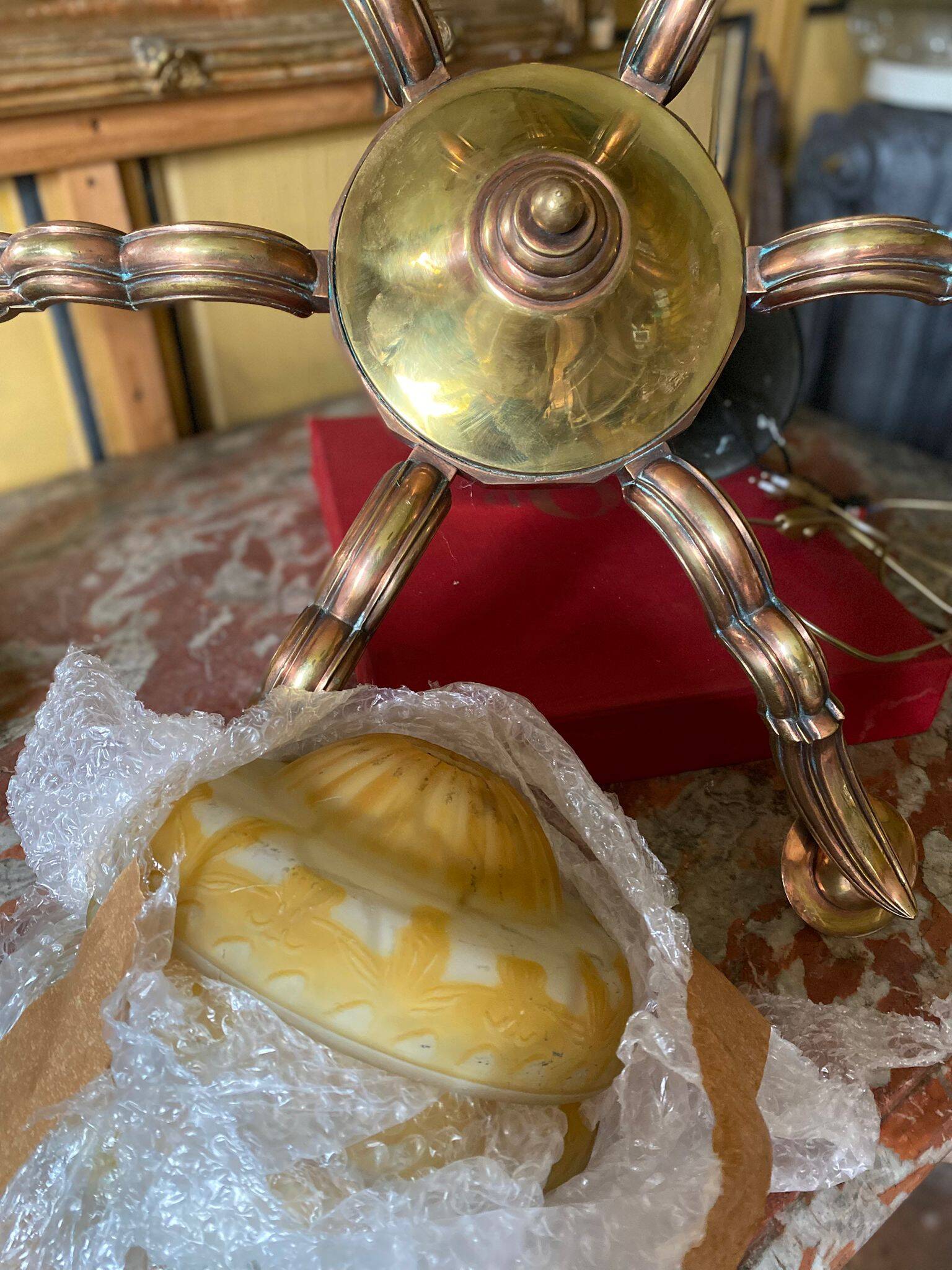 Art deco chandelier in copper with 6 glass tulips.