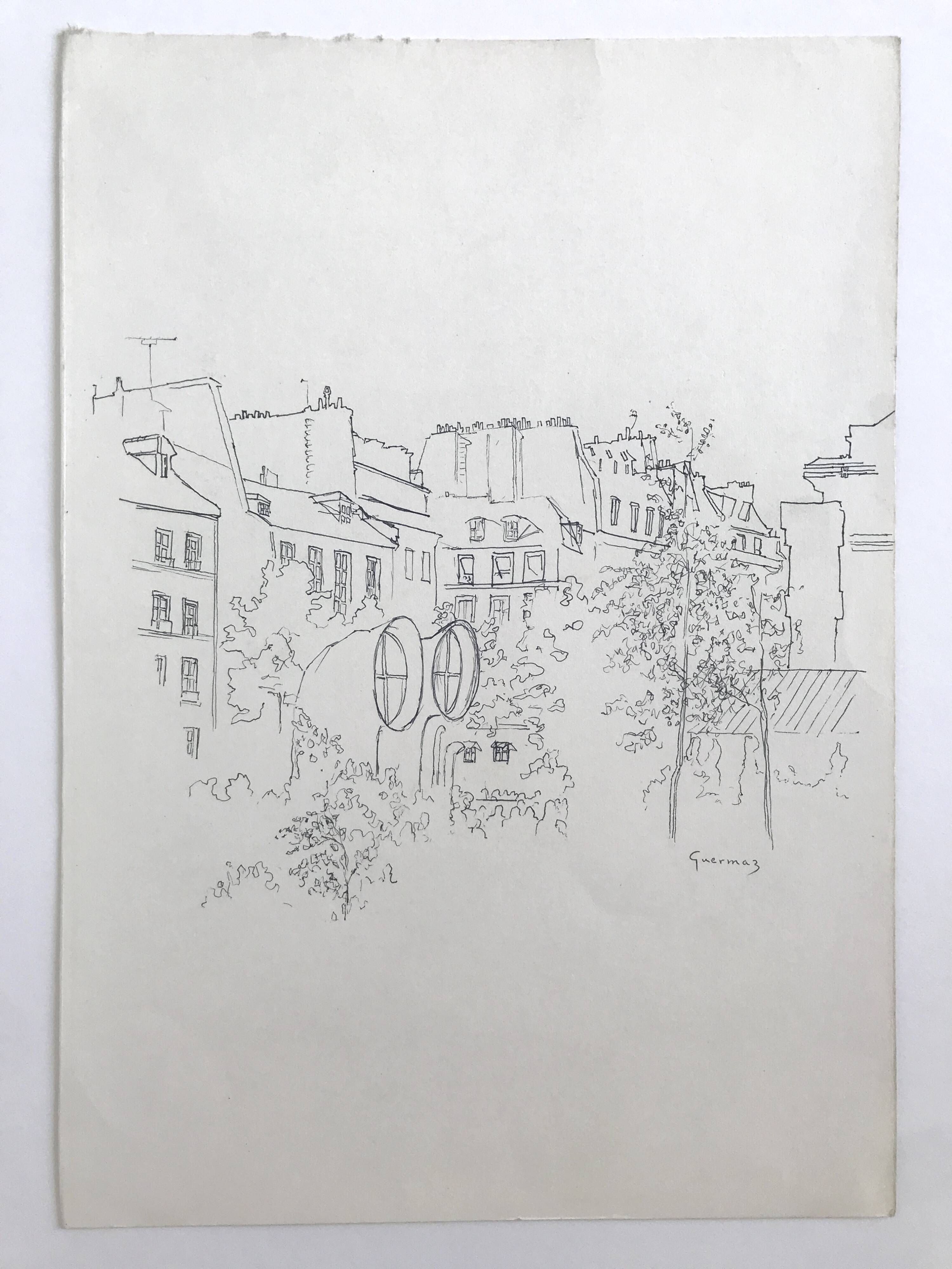 Ink on paper signed by Abdelkader GUERMAZ, Place Georges Pompidou, circa 1977
