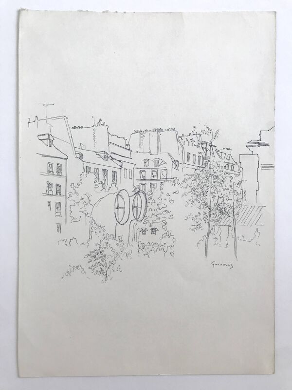 Encre sur papier signée d'Abdelkader GUERMAZ, Place Georges Pompidou, circa 1977