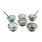 6 salerons anciens en verre et 2 cuillères en verre, années 1920