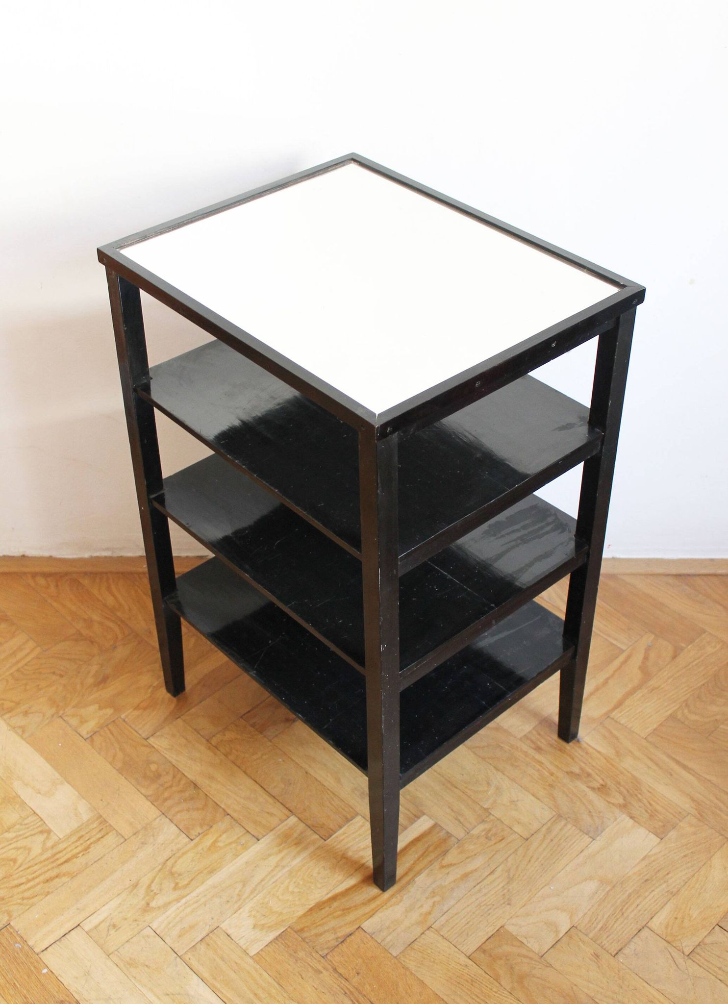 Late 1940s Czechoslovak Functionalist Étagère in Black Wood and Bevelled Gl