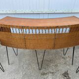 Vintage 1950s bar counter with two rattan and metal stools