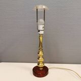Table lamp from Danish Vitrika in brass, amber colored hard pressed glass, with a shade holder.