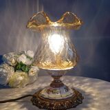 Baroque inspired table lamp, bronze, ceramic flowers and glass globe