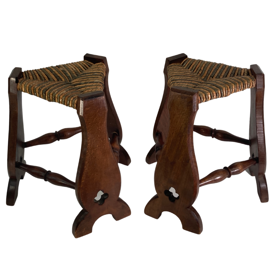 Pair of brutalist neo gothic rush oak tripod stools, France ca 1960s