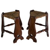 Pair of brutalist neo gothic rush oak tripod stools, France ca 1960s